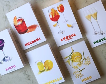 Italian Cocktail Recipe Greeting Cards - 6 total - Spritz, Negroni, Limoncello, Prosecco, Mirto, Hugo