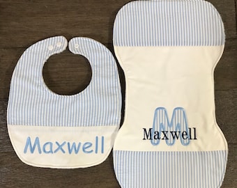 Burp Cloth and Bib Set Boy, Burp Cloth personalized. Blue Seersucker Burp Cloth and Bib Set Bib and Burp Set Baby Burp and Bib Set Baby Gift