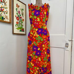 1960s/1970s Flower Power Dayglo Hawaiian Maxi Dress /  Liberty House Hawaii Maxi Dress
