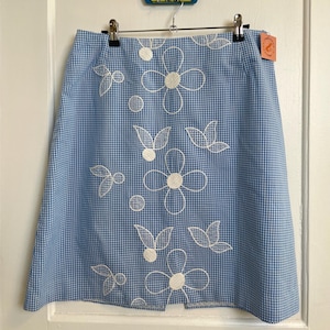Vintage 1960s 1970s Blue & White Gingham Skirt With Flower Embroidery / DiFini Originals Skirt