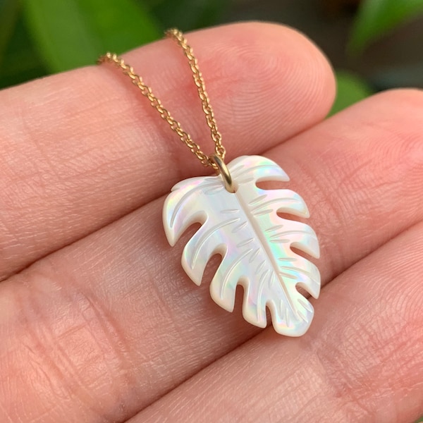 White Monstera Necklace, Monstera Charm, Mother of Pearl Necklace, Gift for Plant Lover, Tropical Necklace, Dainty Necklace for Woman