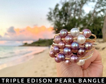 Custom Triple Edison Pearl Bangle, Pearl Bangle Bracelet, Birthday Gift for Her, Bangle Bracelets for Women, Pink Pearl Bracelet, Bridal