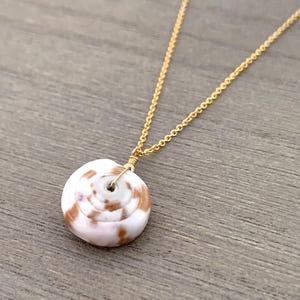 May include: A gold-colored chain necklace with a pendant. The pendant is a white and brown spiral-shaped shell. The necklace is displayed on a wooden surface.
