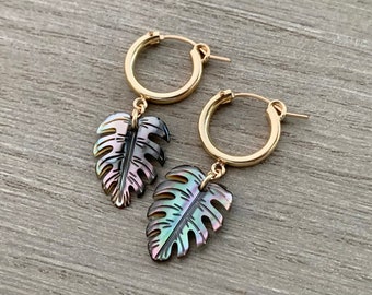 Dark Monstera Leaf Earrings, Huggie Hoop Earring, Birthday Gift for Plant Lover, Lightweight Hoop Earrings, Mother of Pearl Earrings