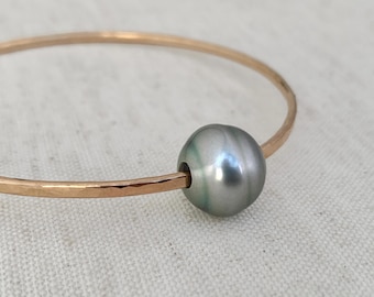 Bracelet jonc classique en argent et perles de Tahiti, bijou en perles, cadeau d'anniversaire pour maman, bracelet de perles baroques, bracelet hawaïen