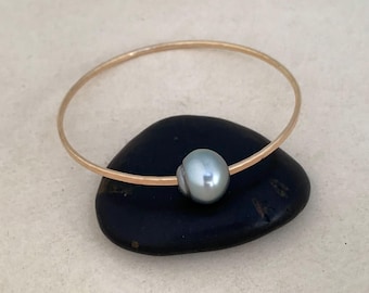 Bracelet jonc classique en argent et perles de Tahiti, bijou en perles, cadeau d'anniversaire pour maman, bracelet de perles baroques, bracelet hawaïen