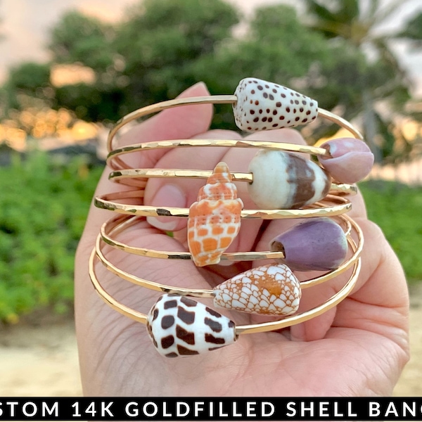 Brazalete de concha hawaiana de oro personalizado, brazaletes de concha, hechos en Hawái, regalos para ella, regalos para mamá, brazaletes de playa, joyas playeras, pulseras playeras