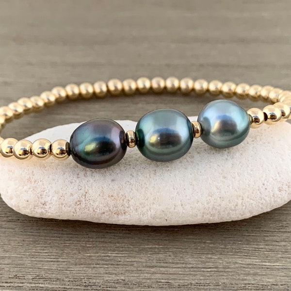 Triple Tahitian Pearl Bracelet, Gold Pearl Bracelet, Birthday Gift for Wife, Christmas Gift for Mom, Birthday Gift for Daughter