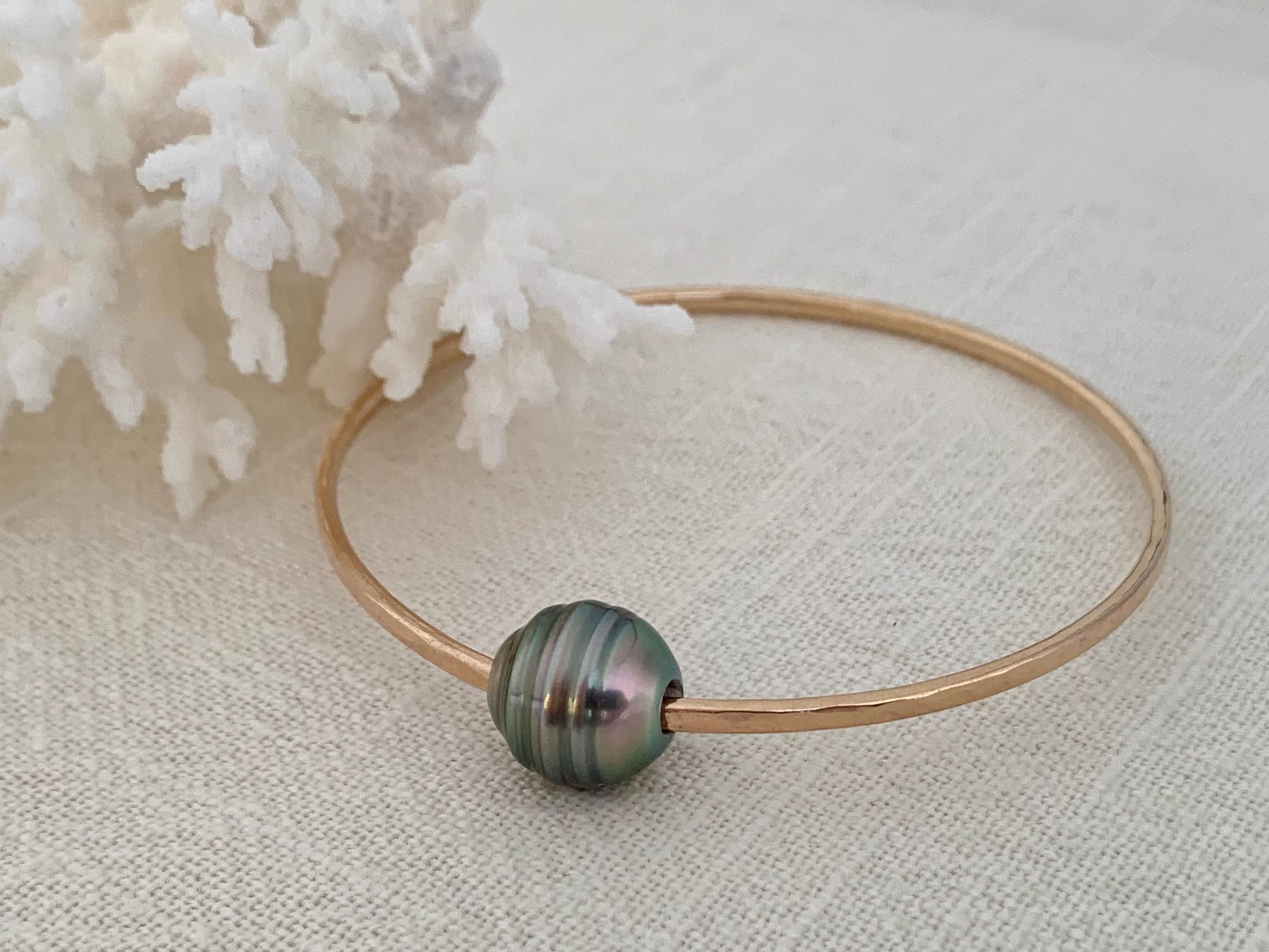 Light Green Banded Tahitian Pearl Bangle Bracelet, Pearl Jewelry, Birthday Gift for Mom, Baroque Pearl Bracelet, Hawaii Bangle