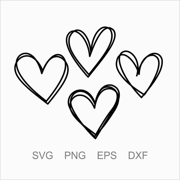 Heart Love Svg Bundle Hand drawn Clipart, Valentines day svg, png files Cricut, Sketch Love Heart outline shape Digital download