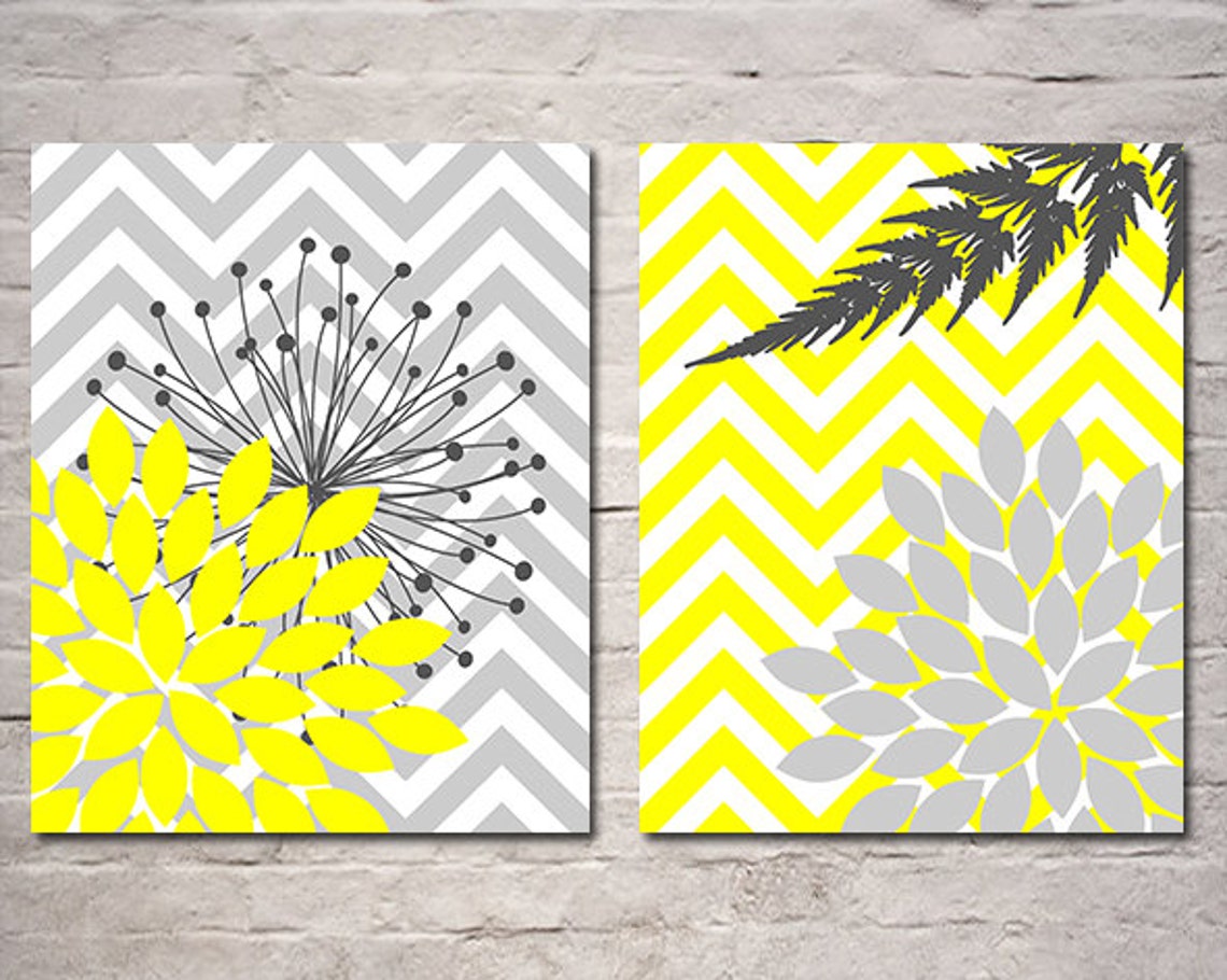 Flower Burst Wall Art Yellow and Gray Floral Prints Etsy