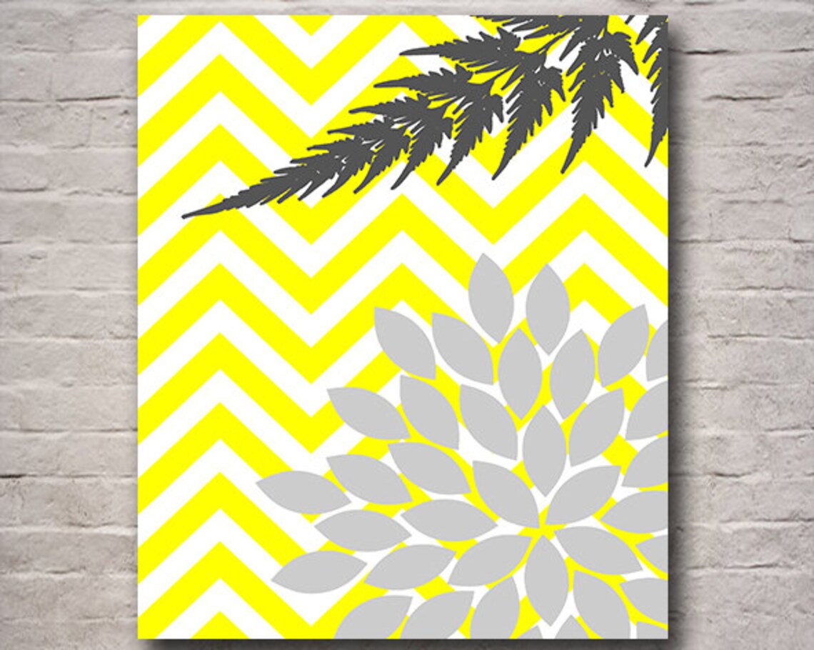 Flower Burst Wall Art Yellow and Gray Floral Prints Etsy