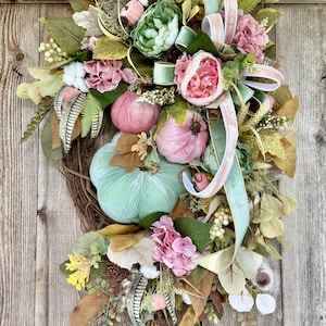 sage and pink fall grapevine wreath