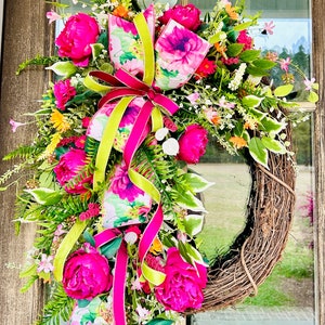 Floral grapevine wreath, peony spring wreath, summer wreath, gift for mom, wreath for spring, wreath for door, front door wreath