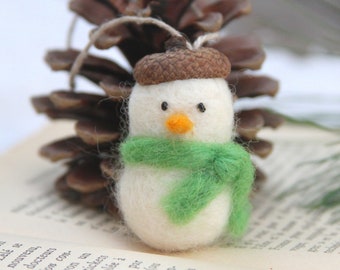 Needle felt felted snowman Christmas handmade organic woodland tree ornament, waldorf Xmas figurine white wool needle felted Christmas decor