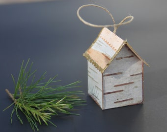 Mini House, Grey House, wood ornaments,Christmas village Tiny Putz house, gold glitter Holidays, Thanksgiving table, First home, small gift