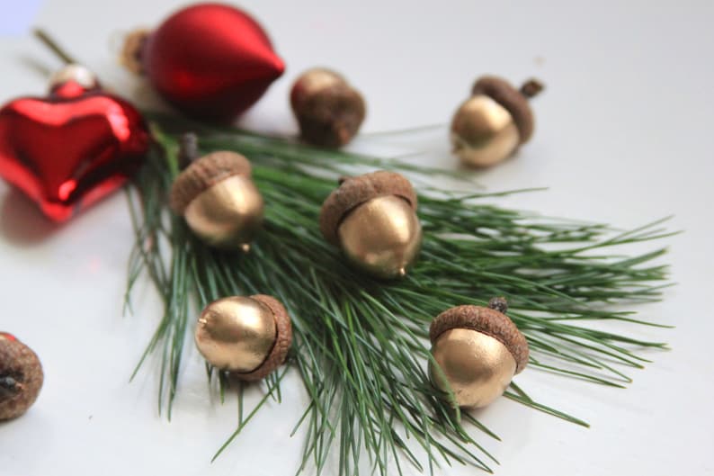 Christmas ornament, golden holidays decor, Christmas wooden, Gold Wedding, metallic ornaments, Painted acorns, Real acorns, Fall ornament image 3