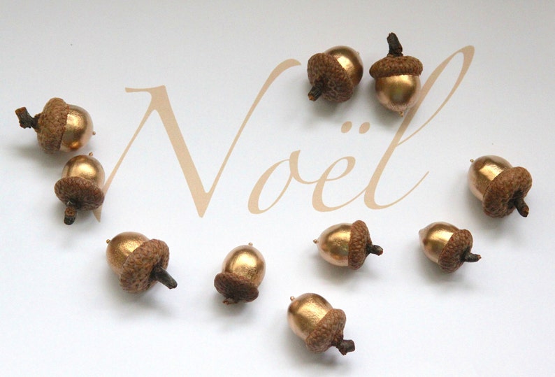 Christmas ornament, golden holidays decor, Christmas wooden, Gold Wedding, metallic ornaments, Painted acorns, Real acorns, Fall ornament image 1