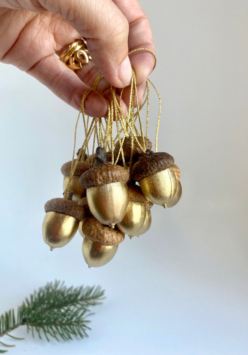 Christmas ornament, golden holidays decor, Christmas wooden, Gold Wedding, metallic ornaments, Painted acorns, Real acorns, Fall ornament image 7