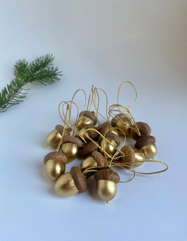 Christmas ornament, golden holidays decor, Christmas wooden, Gold Wedding, metallic ornaments, Painted acorns, Real acorns, Fall ornament image 5