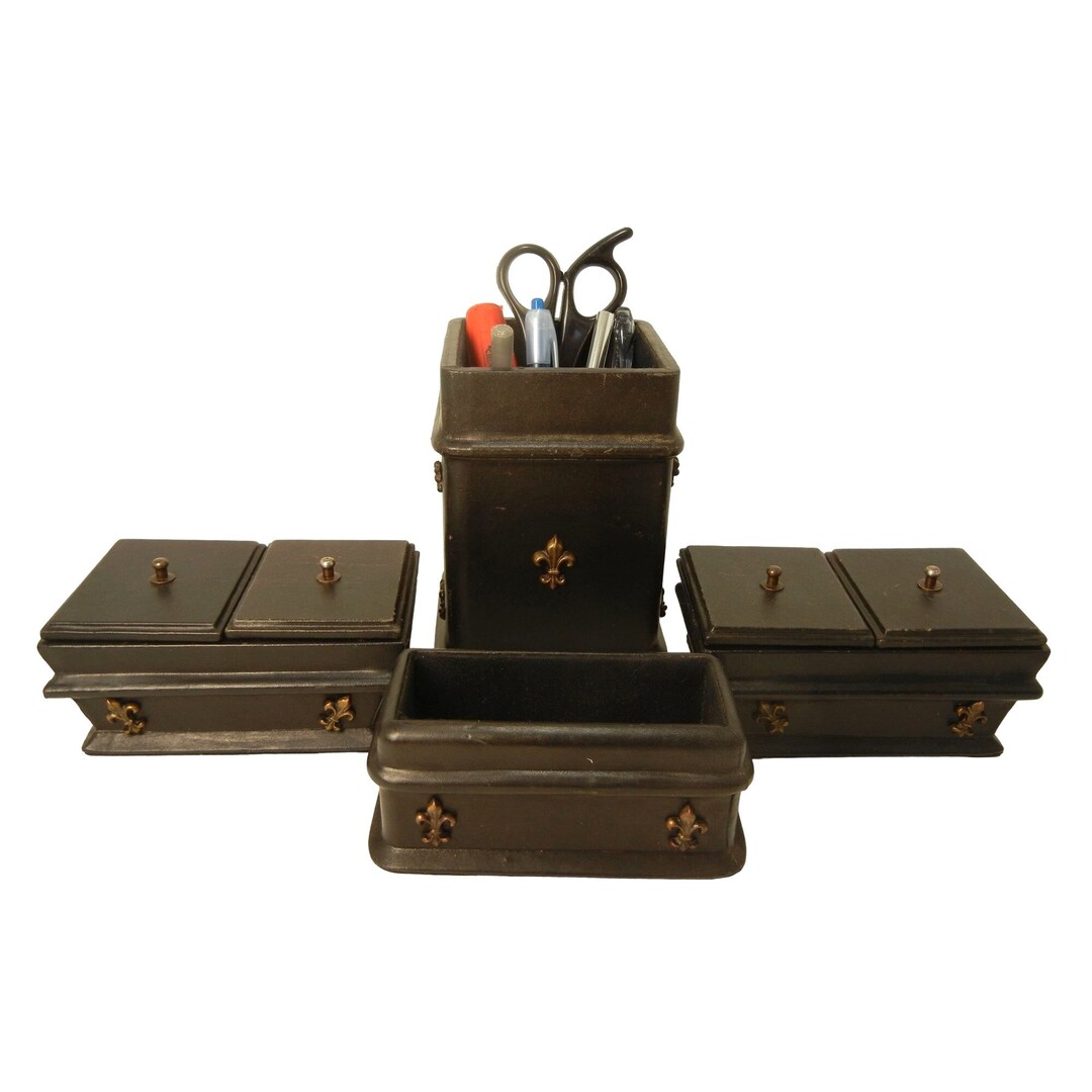 Leather Desk Set, Black Desk Set, Vintage India Made, 4 Pc. With Lids