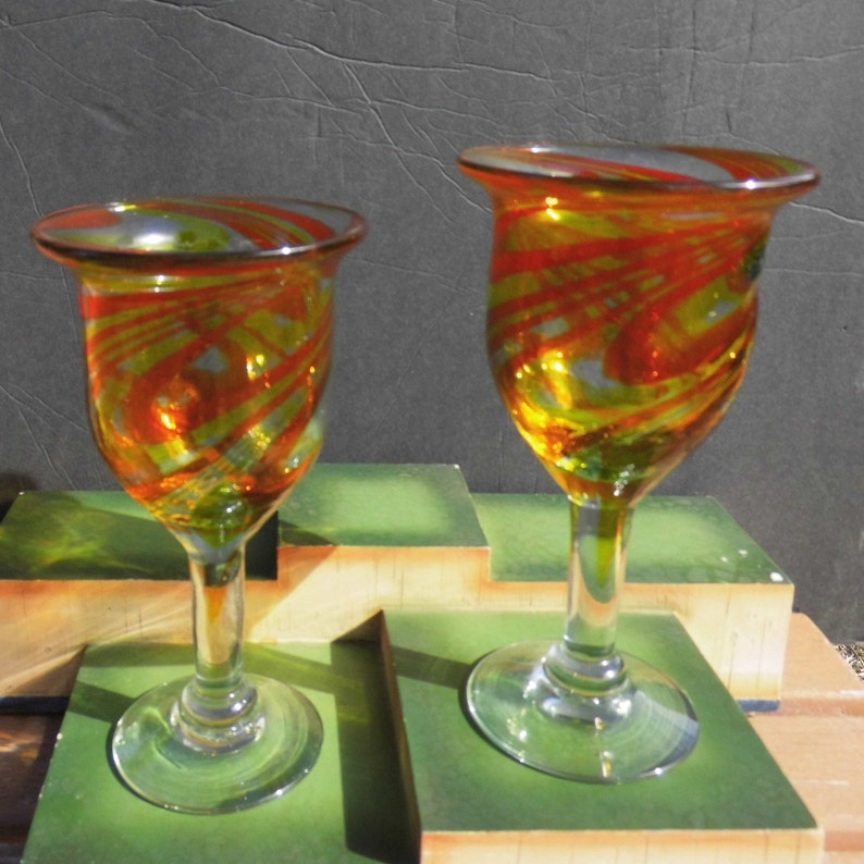 2 Handblown Glasses, Pair Rust and Amber Spiral Wine Goblets Etsy