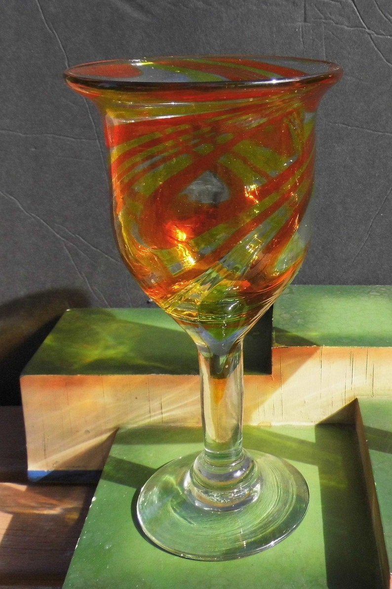 2 Handblown Glasses, Pair Rust and Amber Spiral Wine Goblets Etsy