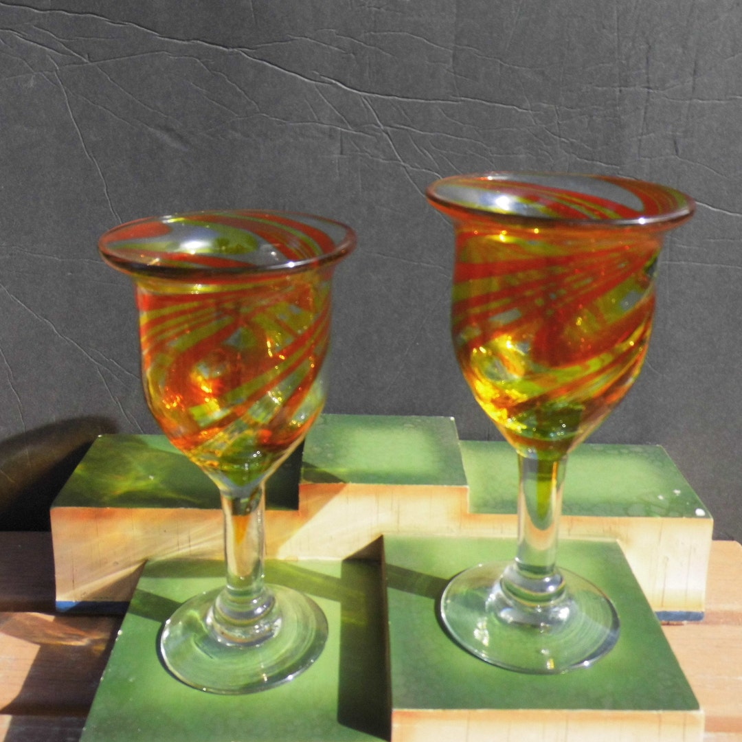 2 Handblown Glasses, Pair Rust and Amber Spiral Wine Goblets Etsy