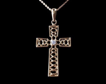 18ct Gold over Sterling Silver CZ Set Celtic Cross Pendant Necklace.