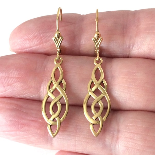 18ct Gold over Sterling Silver Long Celtic Knot Lever Back Drop Earrings.