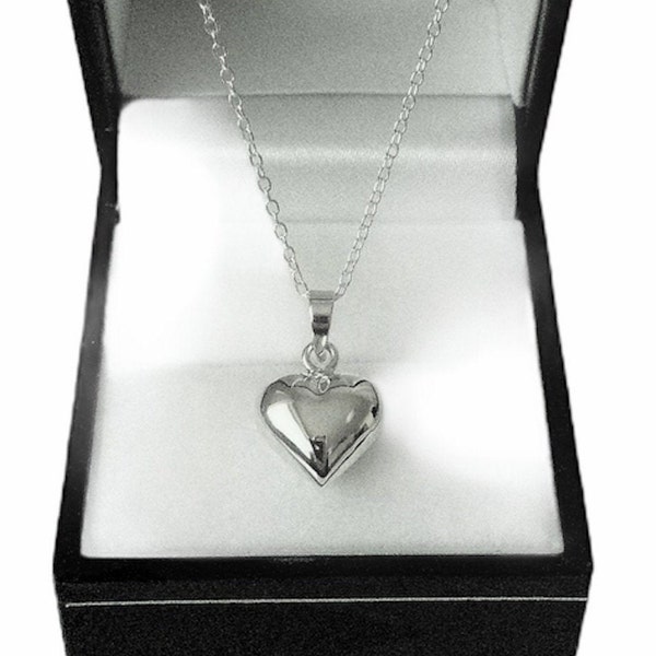 Sterling Silver Puffed Heart Pendant Necklace.