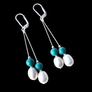 Sterling Silver Lever Back Freshwater Pearl and Turquoise Long Drop Earrings.