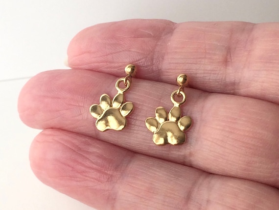 18ct Gold Over Sterling Silver Dog Cat Animal Paw Print Stud Drop
