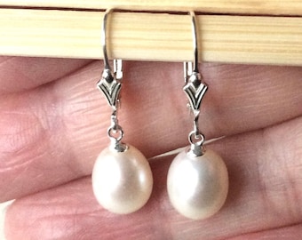 Sterling Silver Lever Back Freshwater Pearl Drop