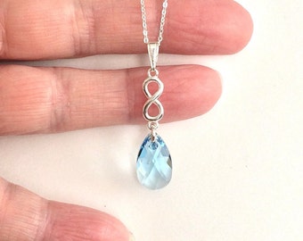 Sterling Silver Infinity Blue Teardrop Crystal Pendant Necklace.