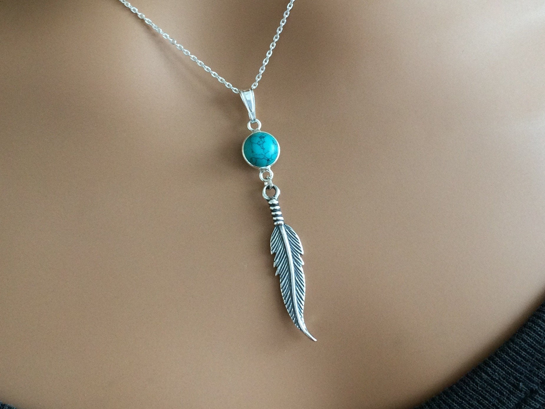 Sterling Silver Turquoise Feather Pendant Necklace. - Etsy