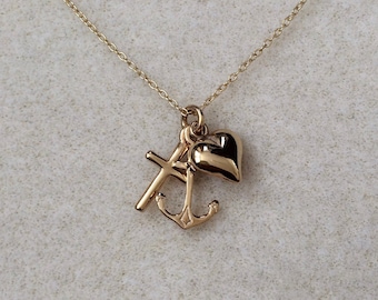 18ct Gold over Sterling Silver Faith Hope and Charity Charm Pendant Necklace.