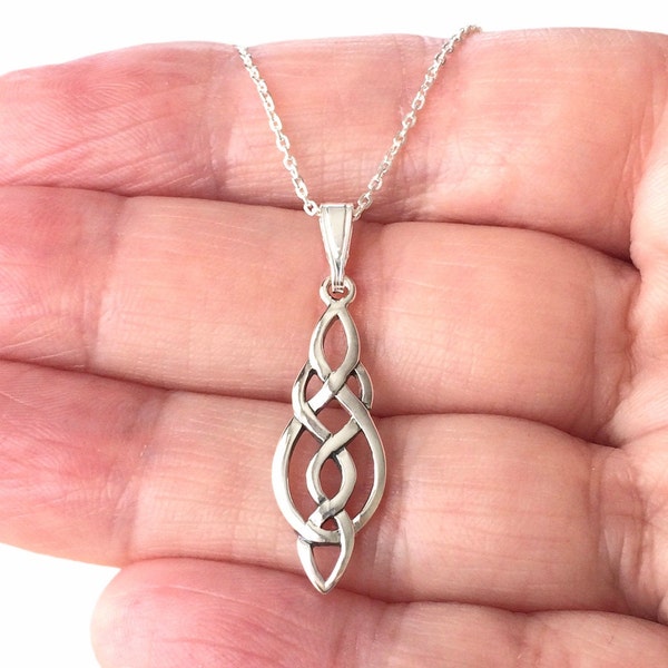 Sterling Silver Long Celtic Knot Drop Pendant Necklace