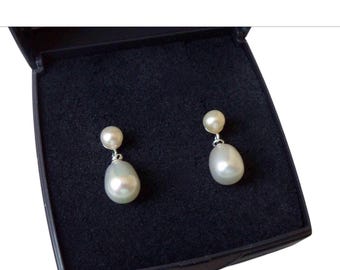 Sterling Silver White Freshwater Pearl Drop Earrings.