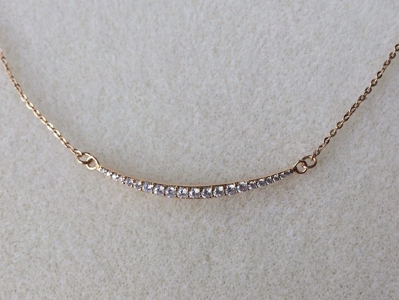 Delicate 18ct Gold over Sterling Silver Crystal Set Curved Bar Necklace.