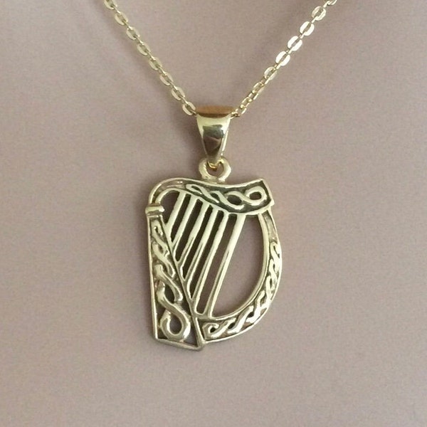 18ct Gold over Sterling Silver Irish Harp Pendant Necklace.