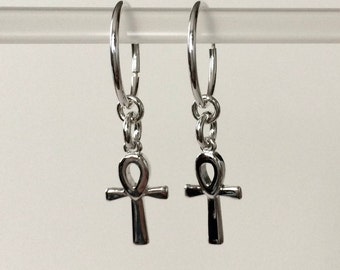 Sterling Silver Ankh Cross Hoop Earrings.