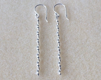 Sterling Silver Long Twisted Bar Drop Earrings.