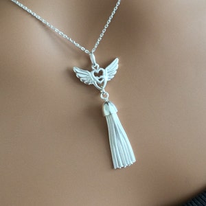 Sterling Silver Angel Wings Tassel Drop Pendant Necklace.