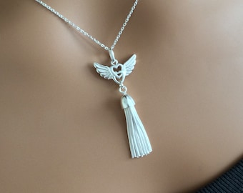 Sterling Silver Angel Wings Tassel Drop Pendant Necklace.