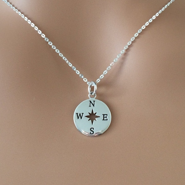 Sterling Silver Compass North South East West Pendant Necklace.