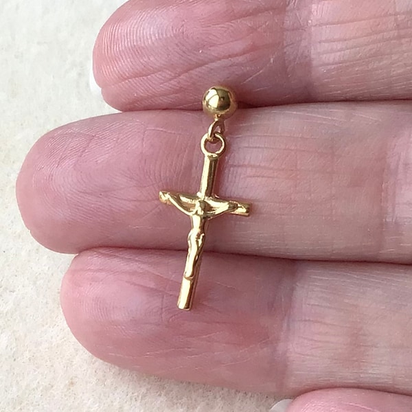 Mens 18ct Gold over Sterling Silver Crucifix Cross Stud Earring Single