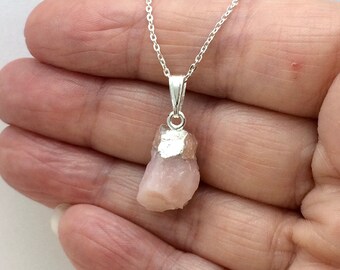 Sterling Silver Raw Pink Opal Pendant Necklace.