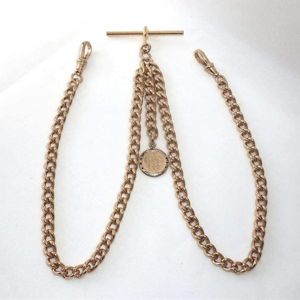 Gold Plated Double Albert Pocket Watch Fob Chain with St Christopher Pendant.