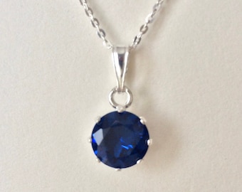 Sterling Silver 9mm Blue Sapphire Pendant Layering Necklace, September Birthstone.